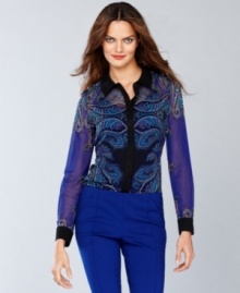 A swirling, whirling print and subtly sheer fabric takes INC's classic button-front shirt to the next level of chic! A swirling, whirling print and subtly sheer fabric takes INC's classic button-front shirt to the next level of chic!