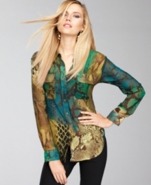 A variety of prints from the animal kingdom creates an intriguing mix atop INC's ever-so-slightly-sheer shirt! A variety of prints from the animal kingdom creates an intriguing mix atop INC's ever-so-slightly-sheer shirt!
