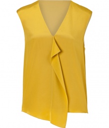 Paint color into your feminine look with Tibis bright mustard silk top - V-neckline, sleeveless, ruffled front, pull-over style - Softly draped fit - Wear with tailored separates and sleek carryall totes for work