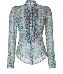 Finish your look on an impossibly feminine note with LWren Scotts ruffled silk top, finished in soft shades of jade and opal for an understated elegant finish - Short stand-up collar, long sleeves, buttoned cuffs, button-down front with ruffle detail, shirttail hemline - Flattering tailored fit - Pair with pencil skirts and platform pumps for a seamless transition from work to cocktails Finish your look on an impossibly feminine note with LWren Scotts ruffled silk top, finished in soft shades of jade and opal for an understated elegant finish - Short stand-up collar, long sleeves, buttoned cuffs, button-down front with ruffle detail, shirttail hemline - Flattering tailored fit - Pair with pencil skirts and platform pumps for a seamless transition from work to cocktails