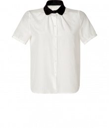 With sweet allover dot patterning and a rounded black collar, Band of Outsiders two-tone shirt is a cool way to wear this everyday staple style - Black rounded collar with gather detail underneath, short puff sleeves, buttoned cuffs, button-down front, shirttail hemline - Loosely tailored fit - Wear with a printed skirt and retro-style accessories With sweet allover dot patterning and a rounded black collar, Band of Outsiders two-tone shirt is a cool way to wear this everyday staple style - Black rounded collar with gather detail underneath, short puff sleeves, buttoned cuffs, button-down front, shirttail hemline - Loosely tailored fit - Wear with a printed skirt and retro-style accessories