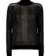 With its sultry sheer shoulder detailing and allover shimmer, Theyskens Theorys knit top is a chic choice for glaming up winter cocktails - Stand-up collar, long sleeves, ribbed cuffs, open knit shoulders and back panel - Loosely fitted - Wear with opaque tights and a leather micro-mini