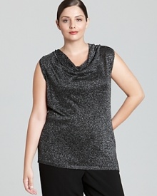 Ignite you everyday style with a draped Karen Kane Plus sweater alight with a glimmering metallic finish. Up the shine factor with chic silver accents. Ignite you everyday style with a draped Karen Kane Plus sweater alight with a glimmering metallic finish. Up the shine factor with chic silver accents.