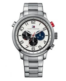 All-American and all-purpose, by Tommy Hilfiger. Watch crafted of stainless steel bracelet and round case. White chronograph dial with texture dinner dial features black numerals at markers, three black and blue subdials, luminous hands and logo. Quartz movement. Water resistant to 50 meters. Ten-year limited warranty. All-American and all-purpose, by Tommy Hilfiger. Watch crafted of stainless steel bracelet and round case. White chronograph dial with texture dinner dial features black numerals at markers, three black and blue subdials, luminous hands and logo. Quartz movement. Water resistant to 50 meters. Ten-year limited warranty.