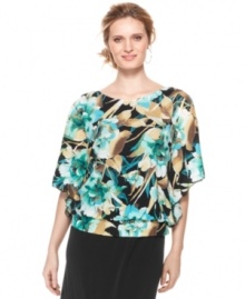 A tropical print adorns this chic Elementz top featuring fluttering batwing sleeves and a flattering banded waist. Pair it with black pants or a maxi skirt for an instantly chic look. A tropical print adorns this chic Elementz top featuring fluttering batwing sleeves and a flattering banded waist. Pair it with black pants or a maxi skirt for an instantly chic look.