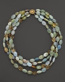 An eclectic mix of aquamarine and citrine stones make up this four-strand statement necklace from Lara Gold for LTC. An eclectic mix of aquamarine and citrine stones make up this four-strand statement necklace from Lara Gold for LTC.