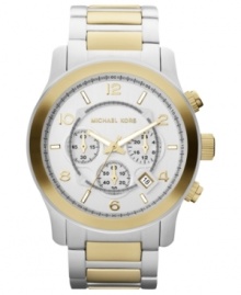 Brushed and polished steel gets a golden touch on this Runway watch by Michael Kors. Brushed and polished steel gets a golden touch on this Runway watch by Michael Kors.