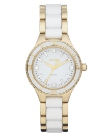 Graceful gold tone trim and sleek white ceramic define new style on this DKNY watch.
