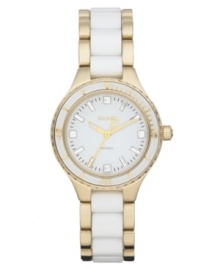Graceful gold tone trim and sleek white ceramic define new style on this DKNY watch. Graceful gold tone trim and sleek white ceramic define new style on this DKNY watch.
