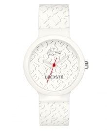 Funky and modern, this Goa watch showcases your love for Lacoste. White silicone strap with light gray repeating text logo and round white plastic case. White dial features light gray repeating text logo, hour and minute hand, red second hand and iconic crocodile logo at twelve o'clock. Quartz movement. Water resistant to 30 meters. Two-year limited warranty. Funky and modern, this Goa watch showcases your love for Lacoste. White silicone strap with light gray repeating text logo and round white plastic case. White dial features light gray repeating text logo, hour and minute hand, red second hand and iconic crocodile logo at twelve o'clock. Quartz movement. Water resistant to 30 meters. Two-year limited warranty.
