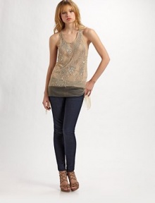 A splash of sequins sparkle on this subtly glam design.Scoopneck Sleeveless Racerback About 27 from shoulder to hem Top layer: nylon Bottom layer: silk Dry clean Imported A splash of sequins sparkle on this subtly glam design.Scoopneck Sleeveless Racerback About 27 from shoulder to hem Top layer: nylon Bottom layer: silk Dry clean Imported