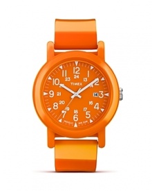 A simple design based on vintage style, this round faced watch from Timex is updated with modern features and an orange strap. A simple design based on vintage style, this round faced watch from Timex is updated with modern features and an orange strap.