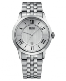 Sleek modern style, on the dot. This Hugo Boss watch features a silvertone stainless steel bracelet and round case. Round silvertone dial with logo, date window and roman numeral indices. Quartz movement. Water resistant to 30 meters. Two-year limited warranty. Sleek modern style, on the dot. This Hugo Boss watch features a silvertone stainless steel bracelet and round case. Round silvertone dial with logo, date window and roman numeral indices. Quartz movement. Water resistant to 30 meters. Two-year limited warranty.