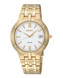 Classic design and solar power come together in this handsome Seiko watch, exclusively available at Macy's. Goldtone stainless steel bracelet and round case, 37mm. White dial with subtle pattern features goldtone stick indices, Roman numerals at twelve and six o'clock, date window at three o'clock and logo. Features ten-month energy storage, quick start function and energy depletion warning. Solar quartz movement. Water resistant to 30 meters. Three-year limited warranty.