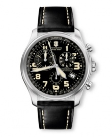 Embrace the universal truth that a classic never goes out of style with Victorinox Swiss Army's handsome Infantry Vintage watch. Black leather strap with contrast stitching and round stainless steel case with anti-reflective sapphire crystal. Black chronograph dial features telemeter scale at outer ring, cream numerals at markers, date window at four o'clock, three subdials, logo and cream accents. Swiss quartz movement. Water resistant to 100 meters. Three-year limited warranty. Embrace the universal truth that a classic never goes out of style with Victorinox Swiss Army's handsome Infantry Vintage watch. Black leather strap with contrast stitching and round stainless steel case with anti-reflective sapphire crystal. Black chronograph dial features telemeter scale at outer ring, cream numerals at markers, date window at four o'clock, three subdials, logo and cream accents. Swiss quartz movement. Water resistant to 100 meters. Three-year limited warranty.