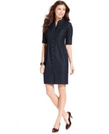 Dark denim gets a turn as this sleek dress from T Tahari. (Clearance) Dark denim gets a turn as this sleek dress from T Tahari. (Clearance)