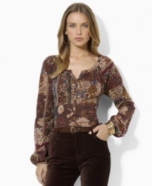 Antiqued brass buttons lend romantic flair to Lauren Ralph Lauren's light and airy cotton jersey petite peasant top. Antiqued brass buttons lend romantic flair to Lauren Ralph Lauren's light and airy cotton jersey petite peasant top.