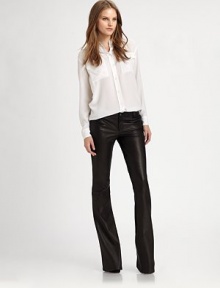 Alice + Olivia's attention to fit is key in this flared bell-leg style, updated in rich leather for a sexy rock n' roll edge.Button-front waistBelt loopsZip-flyFive-pocket styleRise, about 8Inseam, about 31LeatherDry clean by a leather specialistMade in USA of imported fabricModel shown is 5'8½ (174cm) wearing US size Small. Alice + Olivia's attention to fit is key in this flared bell-leg style, updated in rich leather for a sexy rock n' roll edge.Button-front waistBelt loopsZip-flyFive-pocket styleRise, about 8Inseam, about 31LeatherDry clean by a leather specialistMade in USA of imported fabricModel shown is 5'8½ (174cm) wearing US size Small.