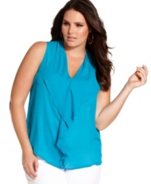 A ruffled front lends feminine elegance to MICHAEL Micheal Kors' sleeveless plus size top-- layer it with cardigans and jackets. A ruffled front lends feminine elegance to MICHAEL Micheal Kors' sleeveless plus size top-- layer it with cardigans and jackets.