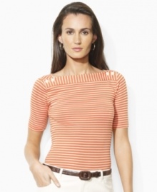 Finished with button detailing at the shoulders, Lauren by Ralph Lauren's boatneck top is crafted from striped cotton for a nautical look. Finished with button detailing at the shoulders, Lauren by Ralph Lauren's boatneck top is crafted from striped cotton for a nautical look.