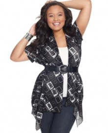 Add a lively layer to your look with L8ter's short sleeve plus size cardigan, finished by a belted waist and handkerchief hem. Add a lively layer to your look with L8ter's short sleeve plus size cardigan, finished by a belted waist and handkerchief hem.