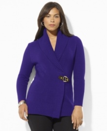 Infused with chic heritage style, Lauren Ralph Lauren's essential plus size cardigan is elegantly knit in a soft cotton blend with an equestrian-inspired buckle and a classic shawl collar.