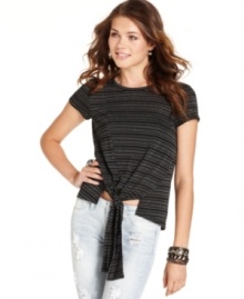 Know your lines: an assembly of silvery stripes elevates Lily White's tie-front tee with linear cool. Know your lines: an assembly of silvery stripes elevates Lily White's tie-front tee with linear cool.