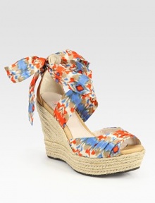 Leather and silk upper in a bold ikat print tops a textured espadrille wedge, finished with silk ties that form a bow at the ankle. Braided hemp wedge, 5 (125mm)Braided hemp platform, 1½ (40mm)Compares to a 3½ heel (90mm)Silk and leather upperLeather liningRubber solePadded insoleImported Leather and silk upper in a bold ikat print tops a textured espadrille wedge, finished with silk ties that form a bow at the ankle. Braided hemp wedge, 5 (125mm)Braided hemp platform, 1½ (40mm)Compares to a 3½ heel (90mm)Silk and leather upperLeather liningRubber solePadded insoleImported