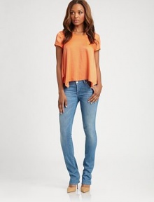A slim version of your favorite bootcut silhouette, crafted from lightweight stretch denim.THE FITFitted through hips and thighsRise, about 8Inseam, about 35THE DETAILSZip flyFive-pocket styleBack flap pockets98% cotton/2% elastaneMachine washMade in USA of imported fabricModel shown is 5'9 (175cm) wearing US size 4. A slim version of your favorite bootcut silhouette, crafted from lightweight stretch denim.THE FITFitted through hips and thighsRise, about 8Inseam, about 35THE DETAILSZip flyFive-pocket styleBack flap pockets98% cotton/2% elastaneMachine washMade in USA of imported fabricModel shown is 5'9 (175cm) wearing US size 4.