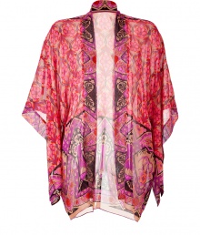 Work an edge of vintage romance into fashion-forward looks with Anna Suis dramatic floral print kimono - Open front with contrast trim, draped elbow-length sleeves - Loosely draped silhouette - Wear belted with bright heels over form-fitting sheath dresses Work an edge of vintage romance into fashion-forward looks with Anna Suis dramatic floral print kimono - Open front with contrast trim, draped elbow-length sleeves - Loosely draped silhouette - Wear belted with bright heels over form-fitting sheath dresses