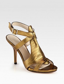 Rippled metallic leather forms this seductive silhouette, with a slender heel and adjustable ankle strap. Self-covered heel, 4 (100mm)Covered platform, ½ (15mm)Compares to a 3½ heel (90mm)Reptile-embossed metallic leather upperAdjustable ankle strapLeather lining and solePadded insoleImported Rippled metallic leather forms this seductive silhouette, with a slender heel and adjustable ankle strap. Self-covered heel, 4 (100mm)Covered platform, ½ (15mm)Compares to a 3½ heel (90mm)Reptile-embossed metallic leather upperAdjustable ankle strapLeather lining and solePadded insoleImported