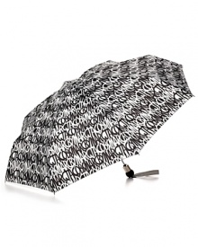 A chic umbrella with black and white logo print all over and black logo printed ball handle. A chic umbrella with black and white logo print all over and black logo printed ball handle.