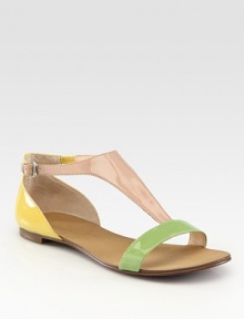 Colorblocked patent leather with an on-trend, adjustable t-strap. Patent leather upperLeather lining and soleImported Colorblocked patent leather with an on-trend, adjustable t-strap. Patent leather upperLeather lining and soleImported
