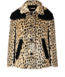 Add a dose of high-octane glamor to your look with Juicy Coutures super soft faux-fur cape, detailed in an eye-catching cheetah print guaranteed to make an impact - Softly rounded spread collar, button-down front, removable hood, black wool-blend trim, side slit pockets, draped sides with arm openings - Draped feminine fit - Layer over coated skinnies and tees, and finish with statement moto boots Add a dose of high-octane glamor to your look with Juicy Coutures super soft faux-fur cape, detailed in an eye-catching cheetah print guaranteed to make an impact - Softly rounded spread collar, button-down front, removable hood, black wool-blend trim, side slit pockets, draped sides with arm openings - Draped feminine fit - Layer over coated skinnies and tees, and finish with statement moto boots