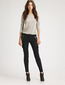 Following the utility-chic trend, these stretchy skinnies have a medium rise and cool cargo pockets. THE FITSkinny fitMedium rise, about 8Inseam, about 29THE DETAILSTab closureZip flyZippered front slash pockets; cargo pocketsZippered cuffsBack besom pockets98% cotton/2% LycraMachine washMade in USA of imported fabricModel shown is 5'10 (177cm) wearing US size 2. Following the utility-chic trend, these stretchy skinnies have a medium rise and cool cargo pockets. THE FITSkinny fitMedium rise, about 8Inseam, about 29THE DETAILSTab closureZip flyZippered front slash pockets; cargo pocketsZippered cuffsBack besom pockets98% cotton/2% LycraMachine washMade in USA of imported fabricModel shown is 5'10 (177cm) wearing US size 2.