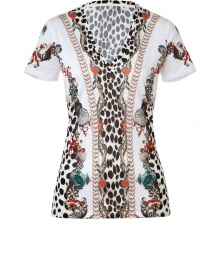 Work a fantastical edge into your chic casual looks with Roberto Cavallis jewel-detailed printed creature tee - V-neckline, short sleeves - Fitted - Wear with solid separates and bright leather accessories Work a fantastical edge into your chic casual looks with Roberto Cavallis jewel-detailed printed creature tee - V-neckline, short sleeves - Fitted - Wear with solid separates and bright leather accessories