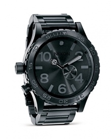 A cool design with a utilitarian side, Nixon's matte-black chronograph is a strong choice. This oversized watch looks sleek worn with a suit and stylish worn with jeans and a tee. A cool design with a utilitarian side, Nixon's matte-black chronograph is a strong choice. This oversized watch looks sleek worn with a suit and stylish worn with jeans and a tee.