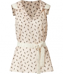 Sweet, feminine top in fine cotton - Delicate capped sleeves created from deep v-neckline collar - Waist accentuated with simple lace belt - Sleeveless with wide arm holes - Back hem slightly longer than front - Small, black feather print on nude fabric Sweet, feminine top in fine cotton - Delicate capped sleeves created from deep v-neckline collar - Waist accentuated with simple lace belt - Sleeveless with wide arm holes - Back hem slightly longer than front - Small, black feather print on nude fabric