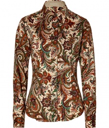 The venerable house of Etro staked its storied name on eye-catching paisley prints, and this elegant, green and nude blouse does not disappoint - Flattering, classic button down style in a soft, multicolor cotton stretch blend - Slim, feminine cut tapers through waist - Small collar, long, cuffed sleeves and full button placket - Polished and undeniably chic, perfect for pairing with denim, dress trousers, leather pants or pencil skirts The venerable house of Etro staked its storied name on eye-catching paisley prints, and this elegant, green and nude blouse does not disappoint - Flattering, classic button down style in a soft, multicolor cotton stretch blend - Slim, feminine cut tapers through waist - Small collar, long, cuffed sleeves and full button placket - Polished and undeniably chic, perfect for pairing with denim, dress trousers, leather pants or pencil skirts