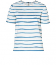 Take trend-favorite stripes into the next season with Moschino C&Cs uplifting painted-effect striped top - Round neckline with red stitching, short sleeves, exposed metal zip closure at nape - Straight silhouette - Wear with wide-leg trousers and just as bright accessories Take trend-favorite stripes into the next season with Moschino C&Cs uplifting painted-effect striped top - Round neckline with red stitching, short sleeves, exposed metal zip closure at nape - Straight silhouette - Wear with wide-leg trousers and just as bright accessories