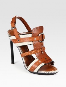 Studded, slightly textured leather style has a braided strap, snake-print leather trim and an adjustable slingback. Lacquered heel, 5 (125mm)Linen, leather and patent leather upperLeather lining and solePadded insoleMade in Italy Studded, slightly textured leather style has a braided strap, snake-print leather trim and an adjustable slingback. Lacquered heel, 5 (125mm)Linen, leather and patent leather upperLeather lining and solePadded insoleMade in Italy