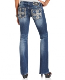 Rhinestone and embroidered crosses add eye-catching appeal to these Miss Me bootcut jeans -- perfect for daytime glam! Rhinestone and embroidered crosses add eye-catching appeal to these Miss Me bootcut jeans -- perfect for daytime glam!