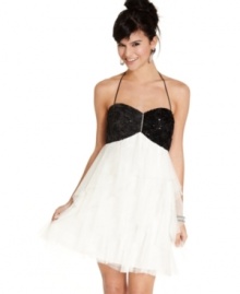 Rule your gala in high-style with this black-and-white number from Morgan! Tiers of feathery tulle elevate the empire-waist halter dress with dreamy, flirtatious style.