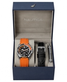 A quick strap switch gives this handsome Nautica watch an entirely new look and feel. Choose a smooth black leather strap or orange polyurethane strap with a round stainless steel case. Gray multifunctional dial with silvertone stick indices, logo and three subdials. Analog movement. Water resistant to 100 meters. Five-year limited warranty. A quick strap switch gives this handsome Nautica watch an entirely new look and feel. Choose a smooth black leather strap or orange polyurethane strap with a round stainless steel case. Gray multifunctional dial with silvertone stick indices, logo and three subdials. Analog movement. Water resistant to 100 meters. Five-year limited warranty.