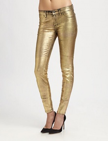 Lustrous goldtone finish gives these leggings-style skinny jeans a new lease of life. THE FITRise, about 8Inseam, about 30THE DETAILSButton closureZip flyFour-pocket styleCotton/polyester/elastaneDry cleanMade in USA of imported fabricModel shown is 5'10 (177cm) wearing US size 4. Lustrous goldtone finish gives these leggings-style skinny jeans a new lease of life. THE FITRise, about 8Inseam, about 30THE DETAILSButton closureZip flyFour-pocket styleCotton/polyester/elastaneDry cleanMade in USA of imported fabricModel shown is 5'10 (177cm) wearing US size 4.