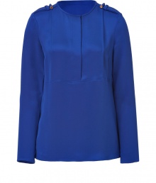 Inject regal sophistication into your outfit with Derek Lams immaculate sapphire silk top - Collarless, long sleeves, epaulettes with gold-toned hardware detail, hidden partial front button placket - Loosely fitted - Wear with leather leggings, heels and an envelope clutch Inject regal sophistication into your outfit with Derek Lams immaculate sapphire silk top - Collarless, long sleeves, epaulettes with gold-toned hardware detail, hidden partial front button placket - Loosely fitted - Wear with leather leggings, heels and an envelope clutch