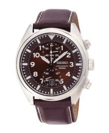 Rich browns make an already-classic Seiko watch design even more handsome. Brown leather strap and round stainless steel case. Brown chronograph dial features white numerals, luminous hands, two subdials and date window at six o'clock. Quartz movement. Water resistant to 100 meters. Three-year limited warranty.