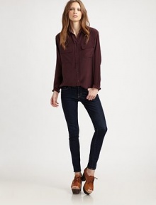 The perfect wardrobe essential, crafted from gorgeous silk with a versatile long hem.Point collarButton frontTwo flap chest pocketsLong sleeves with button cuffsBack yoke and box pleatShirttail hemAbout 27 from shoulder to hemSilkDry cleanImported The perfect wardrobe essential, crafted from gorgeous silk with a versatile long hem.Point collarButton frontTwo flap chest pocketsLong sleeves with button cuffsBack yoke and box pleatShirttail hemAbout 27 from shoulder to hemSilkDry cleanImported