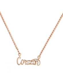 Affectionate appeal. This necklace from BCBGeneration features a frontal piece with the word corazon-the Spanish word for darling-in the center for a touch you're sure to love. Crafted from rose gold-tone mixed metal. Approximate length: 16 inches. Affectionate appeal. This necklace from BCBGeneration features a frontal piece with the word corazon-the Spanish word for darling-in the center for a touch you're sure to love. Crafted from rose gold-tone mixed metal. Approximate length: 16 inches.