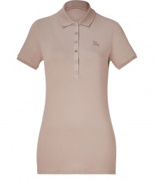 Luxe polo in fine, silver-beige cotton stretch blend - Traditional button down style with short, fitted sleeves and small collar - Embroidered logo at chest - New, lengthier cut is slim and hits below the hips - A dream basic as versatile as it is stylish - Pair with a blazer and leather pencil skirt or layer beneath a cardigan and wear with skinny jeans Luxe polo in fine, silver-beige cotton stretch blend - Traditional button down style with short, fitted sleeves and small collar - Embroidered logo at chest - New, lengthier cut is slim and hits below the hips - A dream basic as versatile as it is stylish - Pair with a blazer and leather pencil skirt or layer beneath a cardigan and wear with skinny jeans